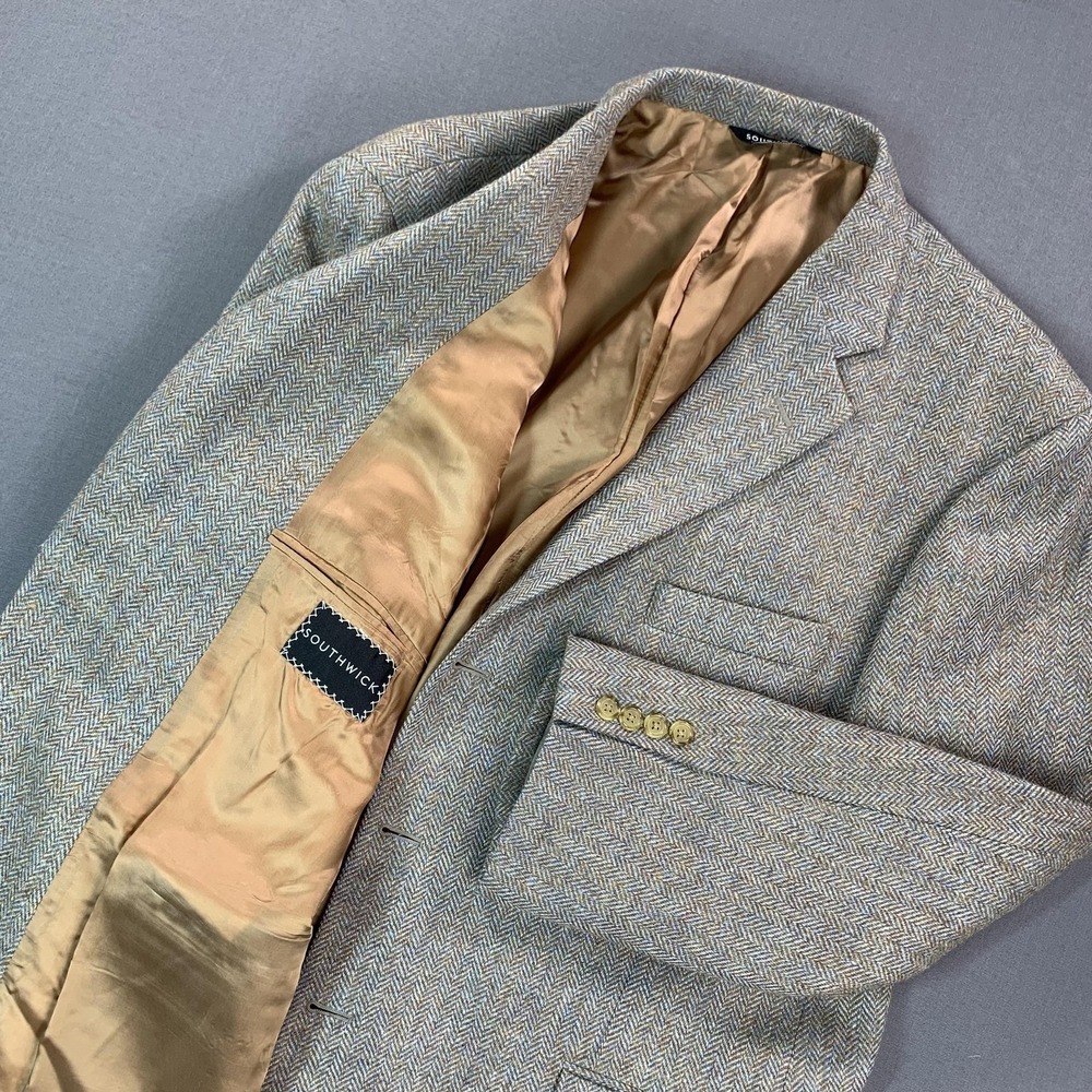 Southwick Blazer Mens 50R Beige Herringbone Wool Tweed Sport Coat Made In USA